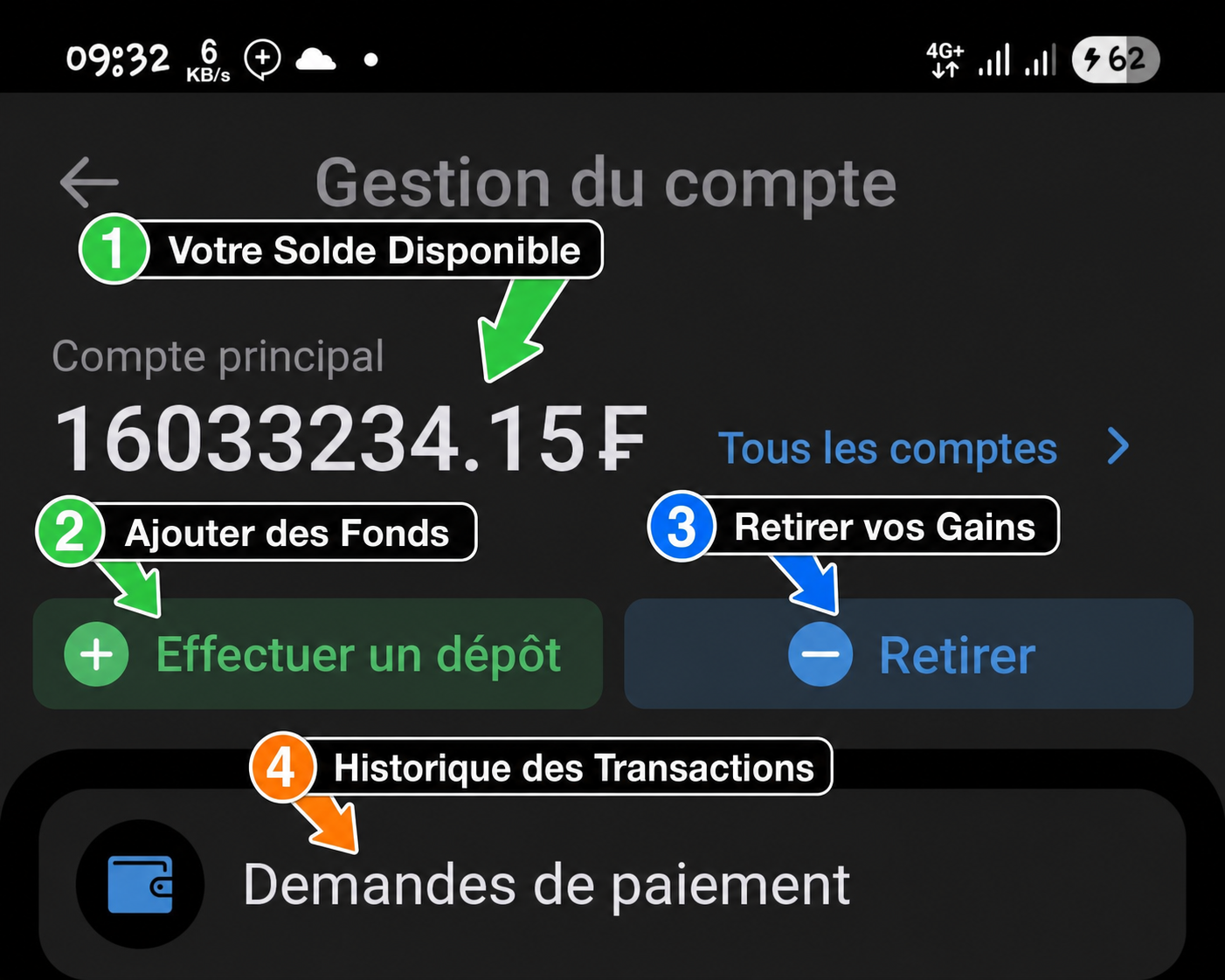 Gestion du compte 1xBet - Guide interactif avec annotations